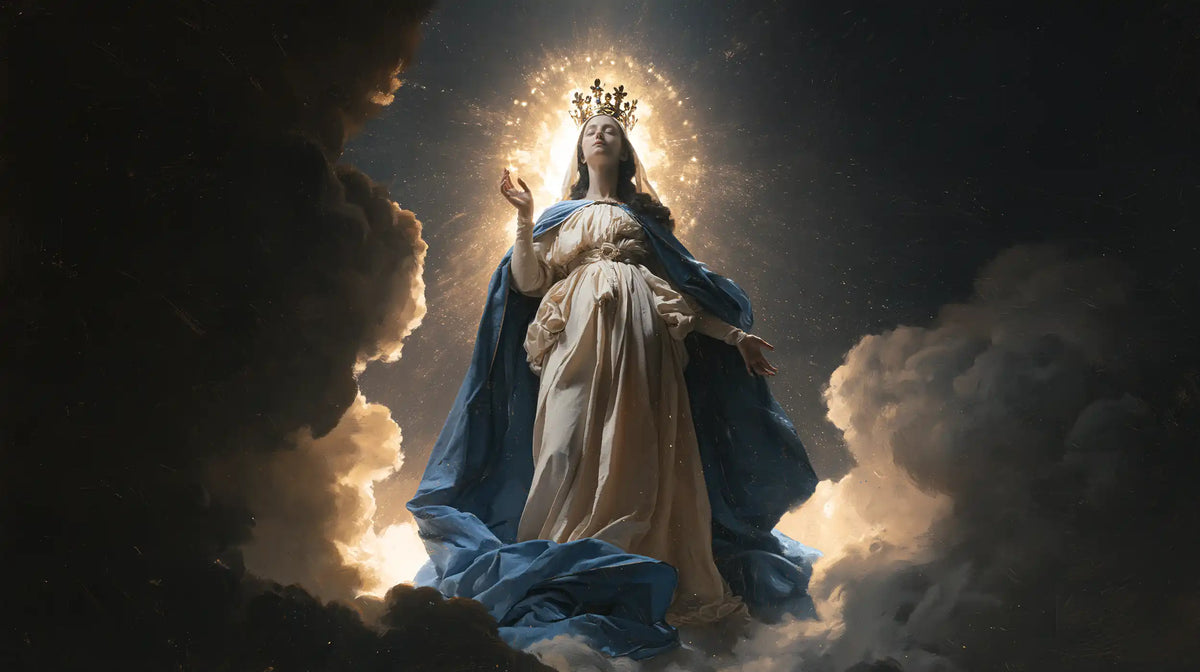 Mary as Queen of Heaven surrounded by divine light in Mary as Divine Light style, landscape Christian artwork no. 10