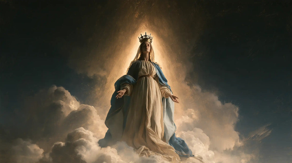 Mary as Queen of Heaven surrounded by divine light in Mary as Divine Light style, landscape Christian artwork no. 11