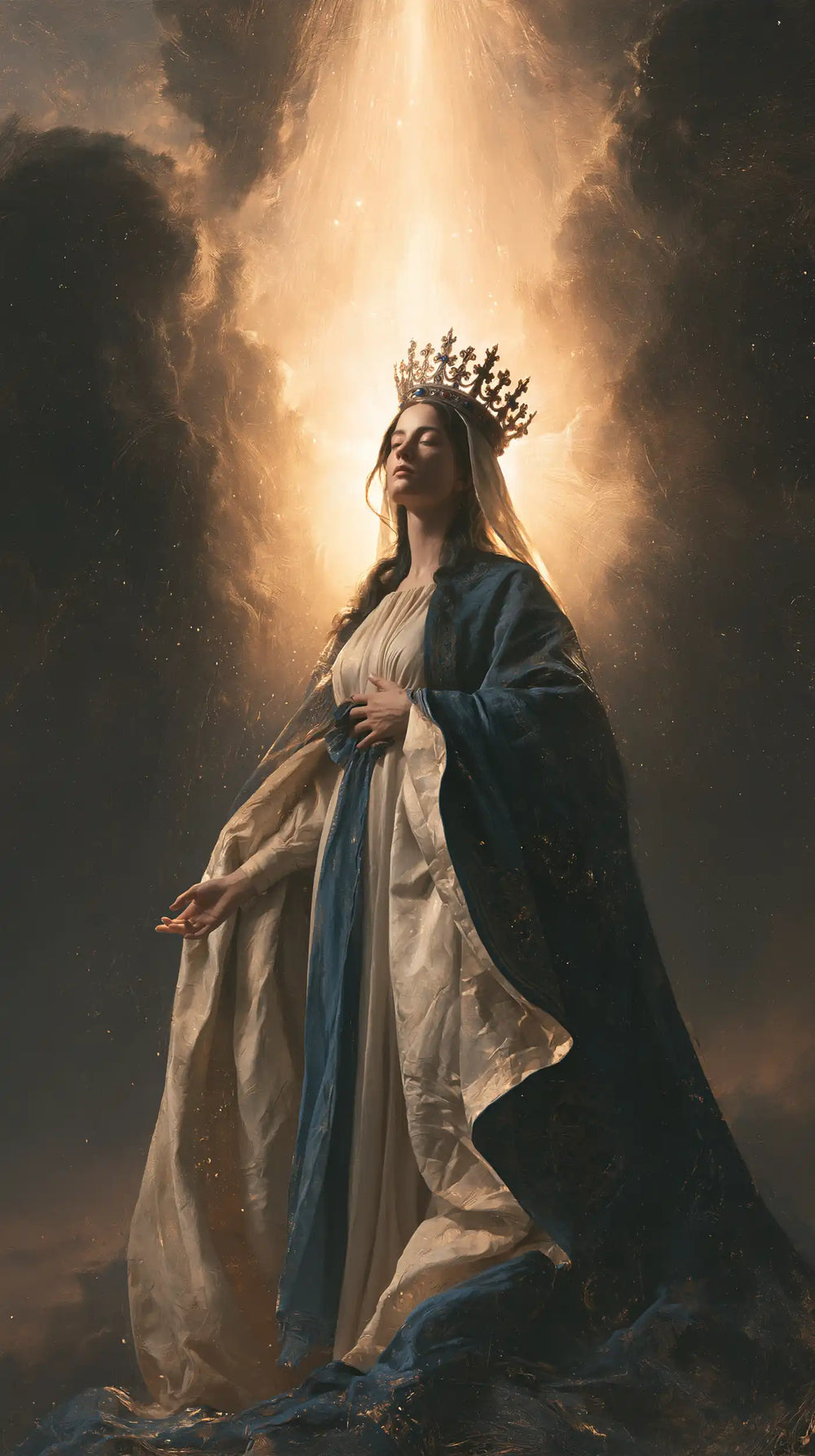 Mary as Queen of Heaven surrounded by divine light in Mary as Divine Light style, portrait Christian artwork no. 9