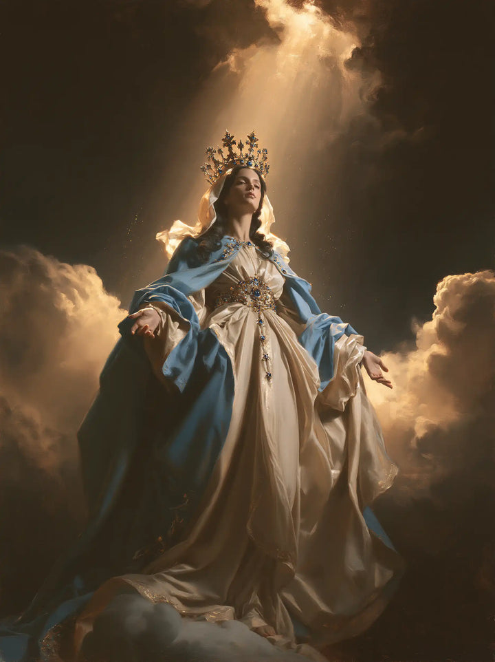Mary, Queen of Heaven — Unfurled Fabrics Beneath the Amber Rift