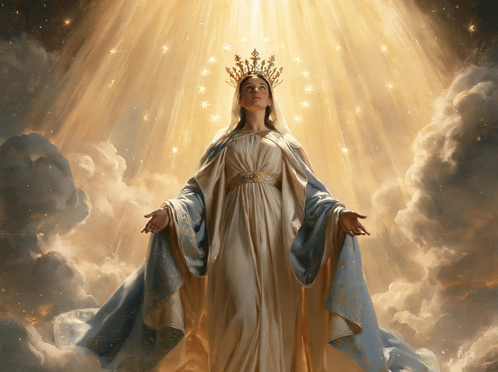 Mary as Queen of Heaven before heavenly light in Mary before Heavenly Light style, landscape Christian artwork no. 1