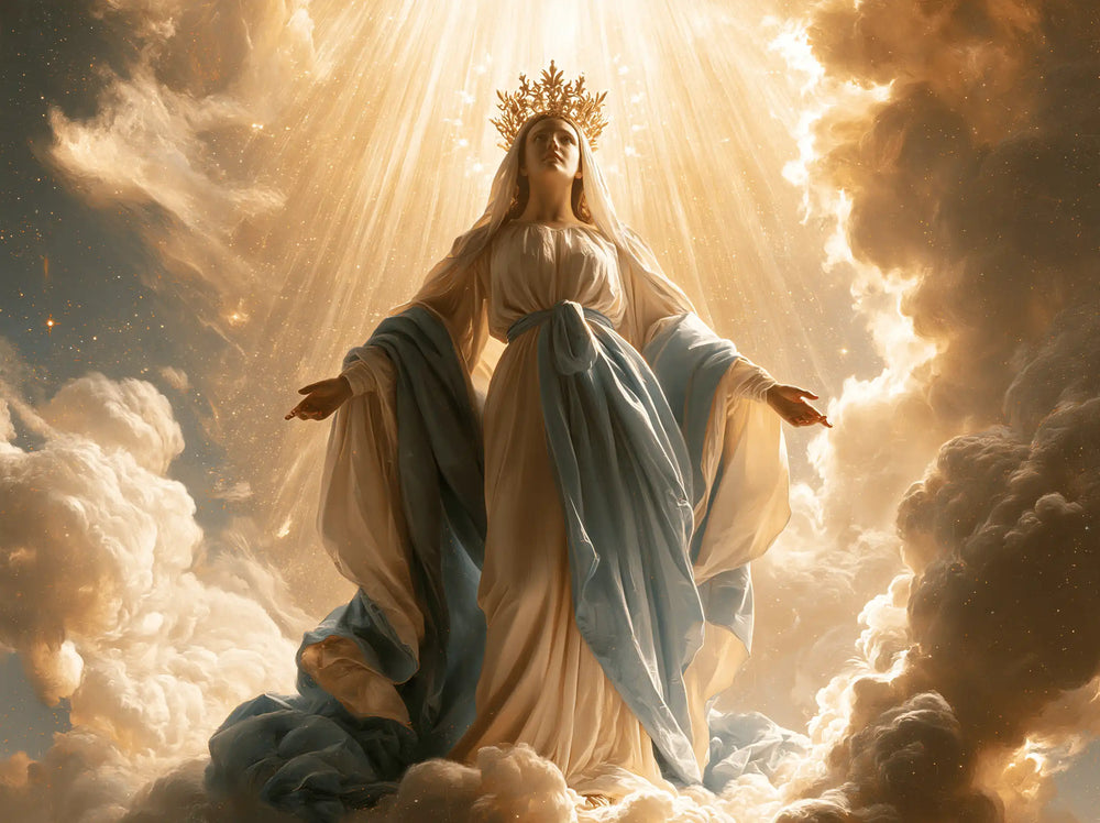 Mary as Queen of Heaven before heavenly light in Mary before Heavenly Light style, landscape Christian artwork no. 2