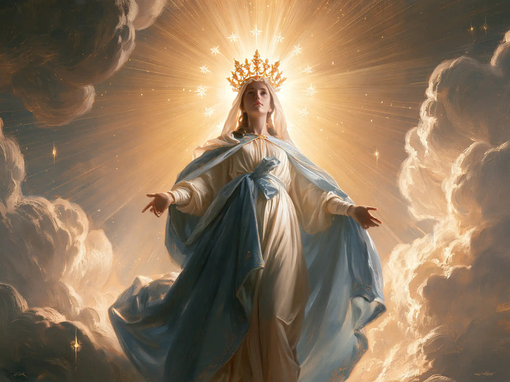 Mary as Queen of Heaven before heavenly light in Mary before Heavenly Light style, landscape Christian artwork no. 3