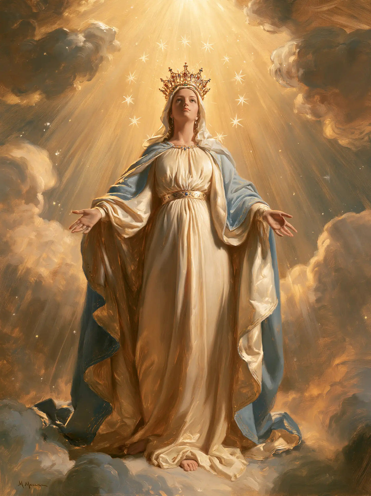 Mary as Queen of Heaven before heavenly light in Mary before Heavenly Light style, portrait Christian artwork no. 5