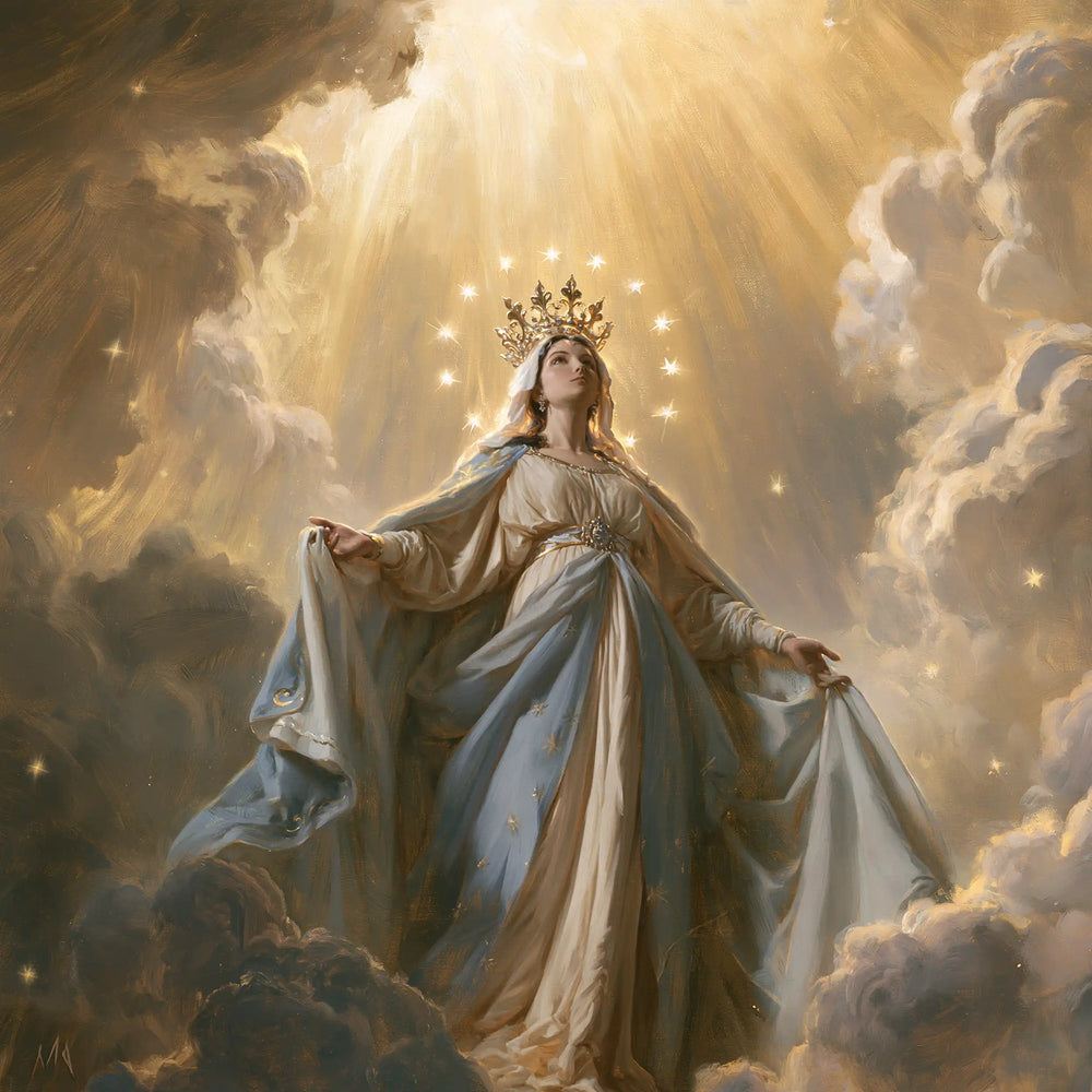 Mary as Queen of Heaven before heavenly light in Mary before Heavenly Light style, square Christian artwork no. 5