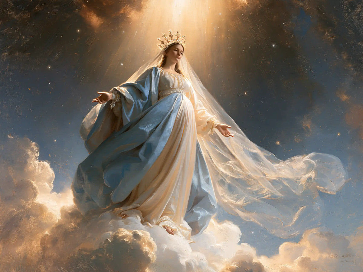 Mary as Queen of Heaven upon the clouds in Mary upon the Clouds style, landscape Christian artwork no. 2