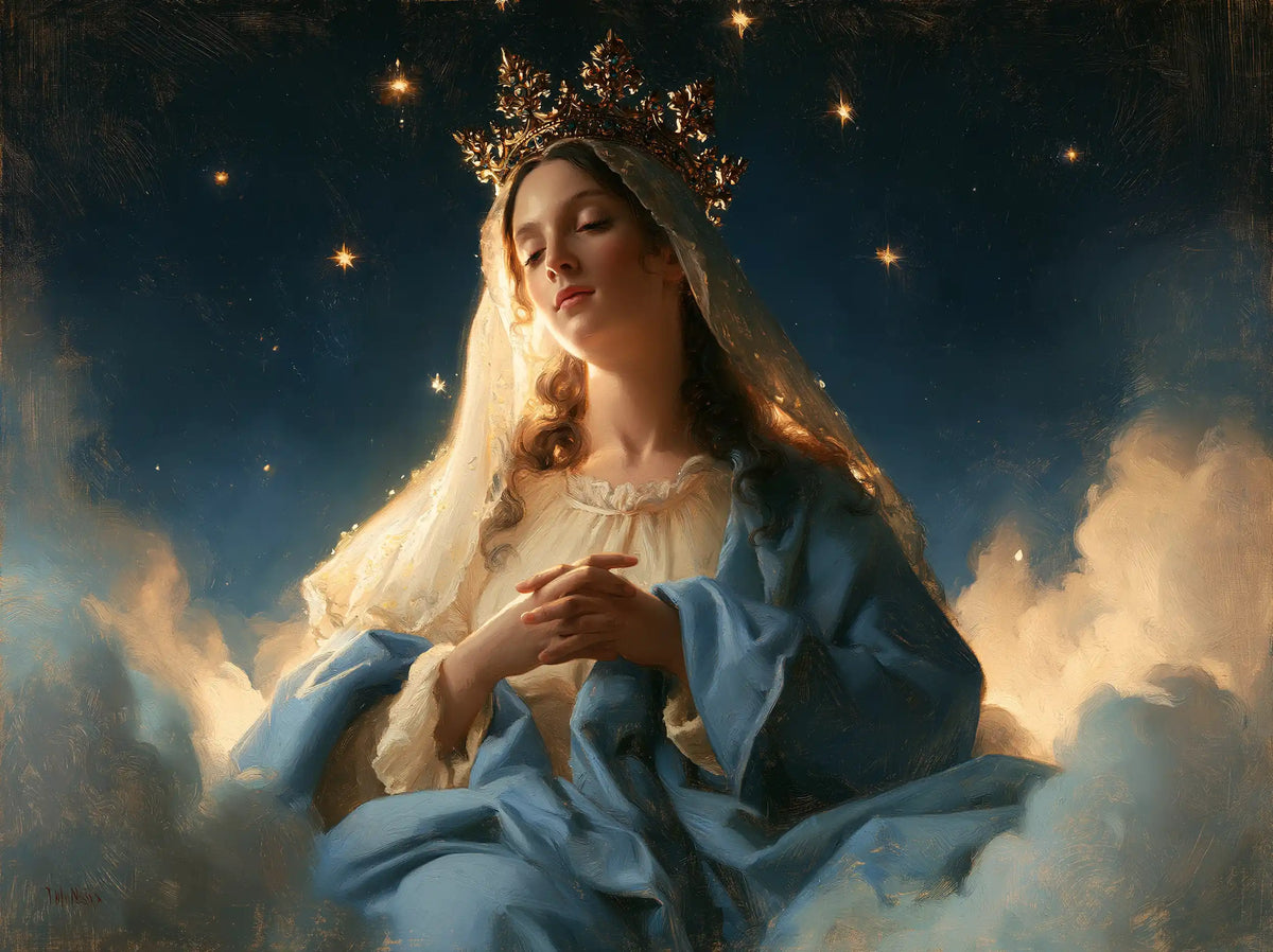 Mary as Queen of Heaven in midnight-blue chiaroscuro in Midnight Blue Chiaroscuro style, landscape Christian artwork no. 1