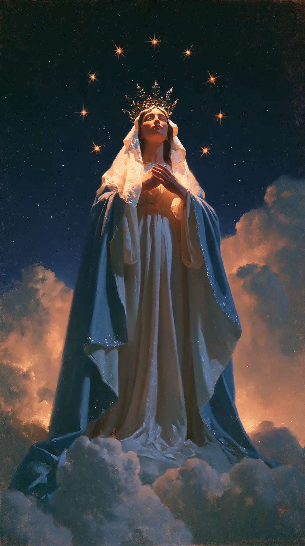 Mary as Queen of Heaven in midnight-blue chiaroscuro in Midnight Blue Chiaroscuro style, portrait Christian artwork no. 7