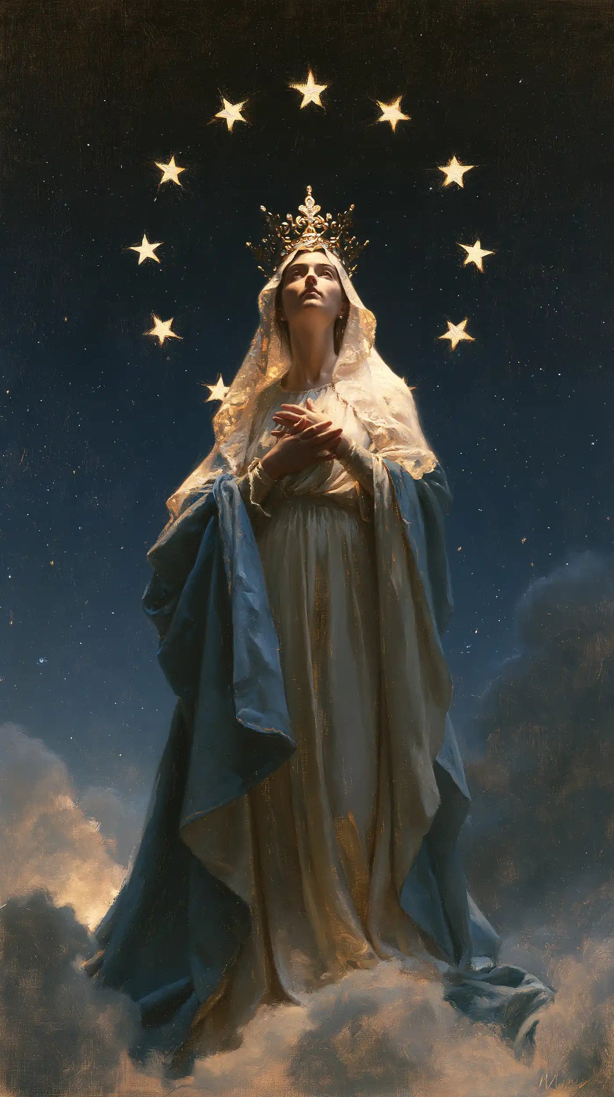 Mary as Queen of Heaven in midnight-blue chiaroscuro in Midnight Blue Chiaroscuro style, portrait Christian artwork no. 16