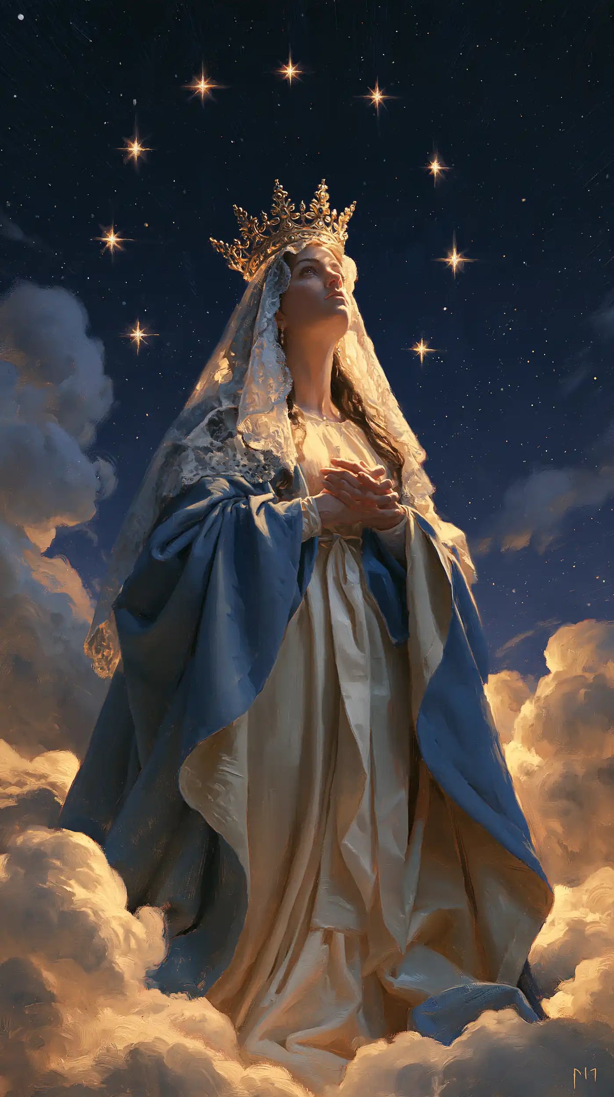 Mary as Queen of Heaven in midnight-blue chiaroscuro in Midnight Blue Chiaroscuro style, portrait Christian artwork no. 18