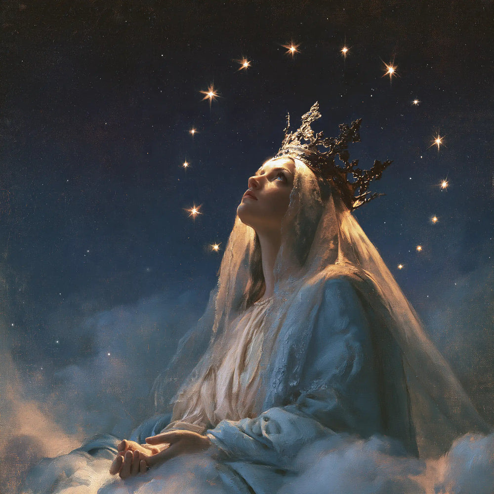 Mary as Queen of Heaven in midnight-blue chiaroscuro in Midnight Blue Chiaroscuro style, square Christian artwork no. 6