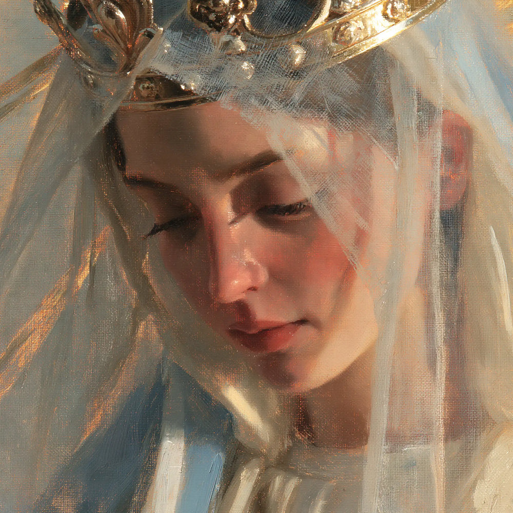 a close portrait of Mary as Queen of Heaven in Psychological Close-Up style, square Christian artwork no. 7