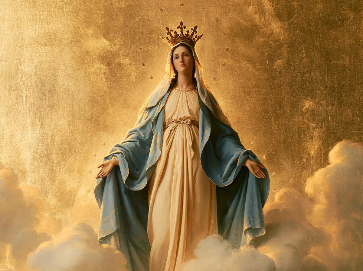 Mary crowned as Queen of Heaven in Sacred Gold style, landscape Christian artwork no. 2