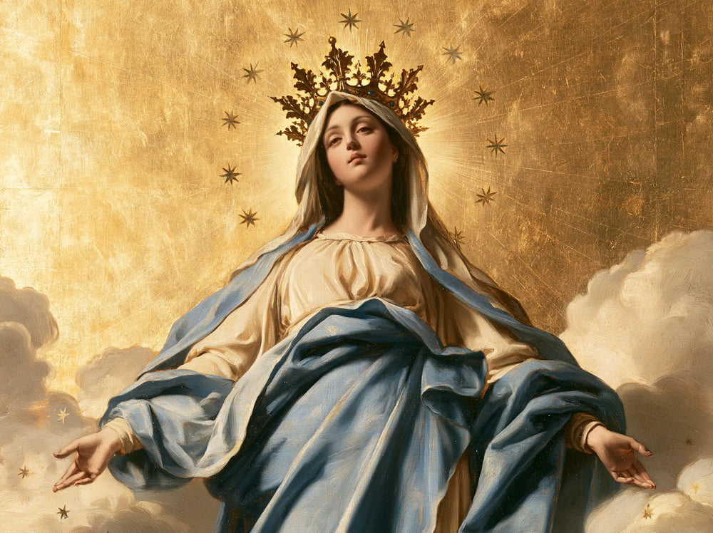 Mary crowned as Queen of Heaven in Sacred Gold style, landscape Christian artwork no. 7