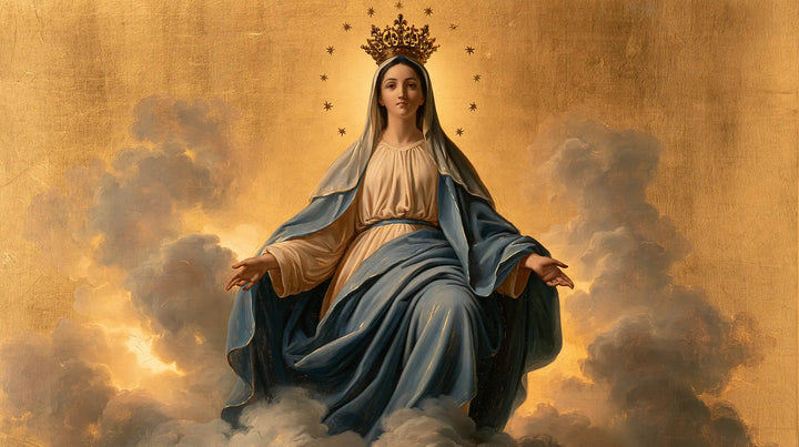 Mary, Queen of Heaven — Draped Knees in Amber Stillness