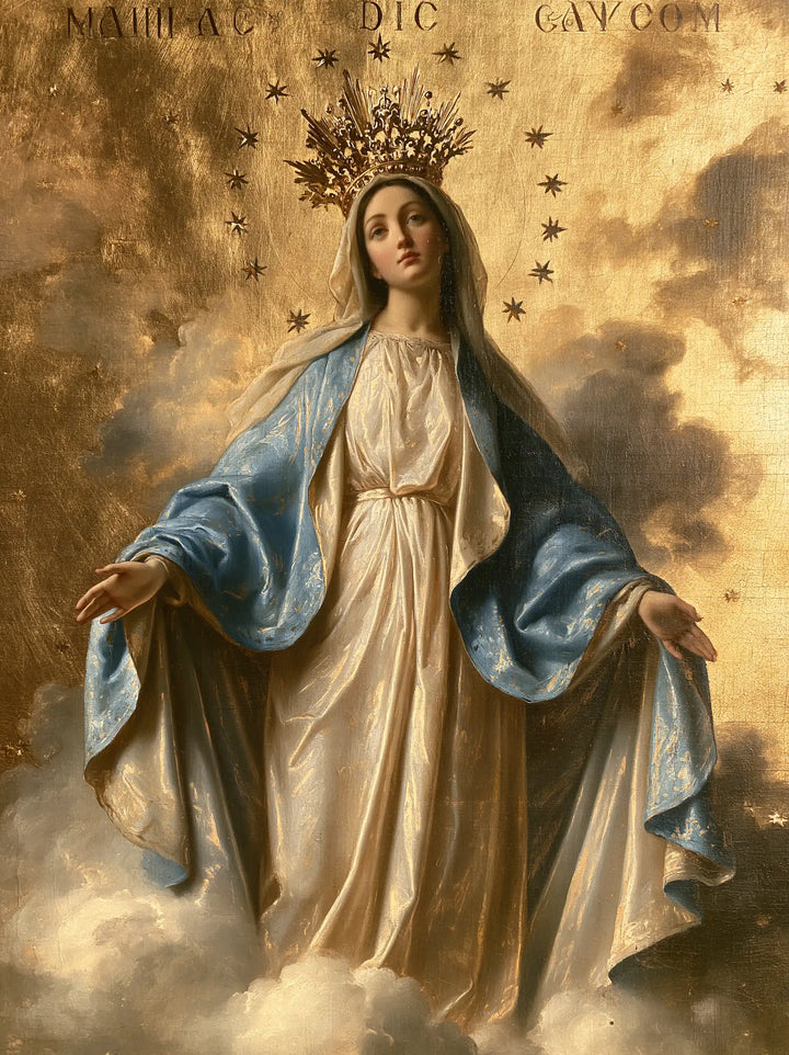 Mary, Queen of Heaven — The High Gaze in Honey-Coloured Fabrics