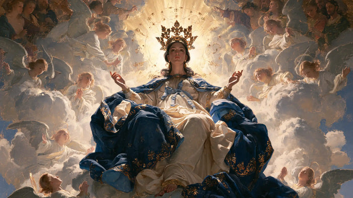 Mary, Queen of Heaven — Raised Palms Beneath the Fiery Crown