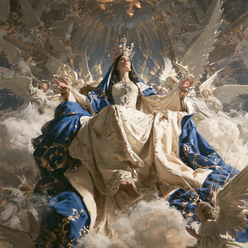 Mary as Queen of Heaven in a monumental sacred view in Sacred Monumental View style, square Christian artwork no. 4