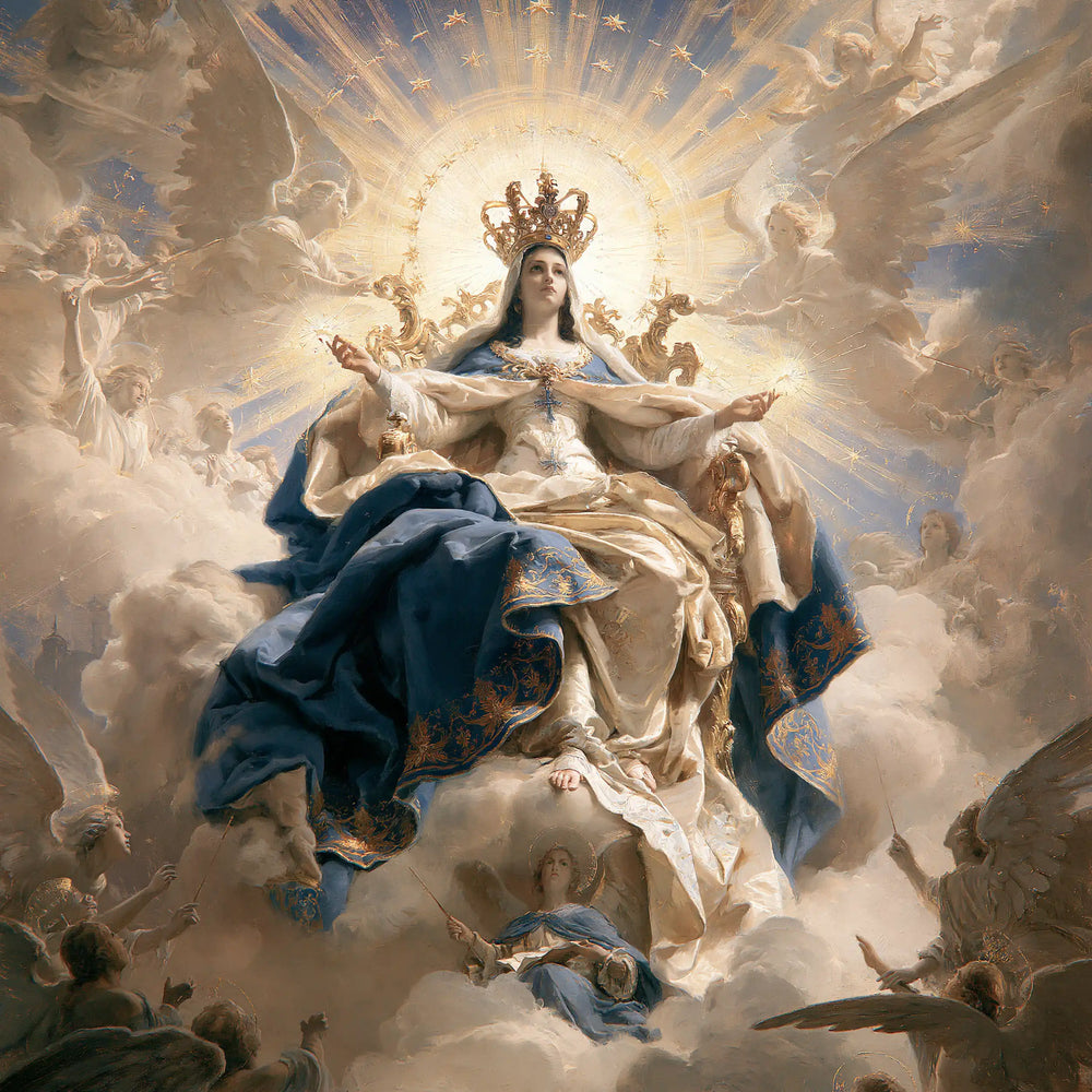Mary as Queen of Heaven in a monumental sacred view in Sacred Monumental View style, square Christian artwork no. 5