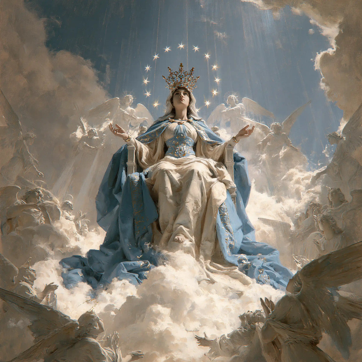 Mary as Queen of Heaven in a monumental sacred view in Sacred Monumental View style, square Christian artwork no. 6