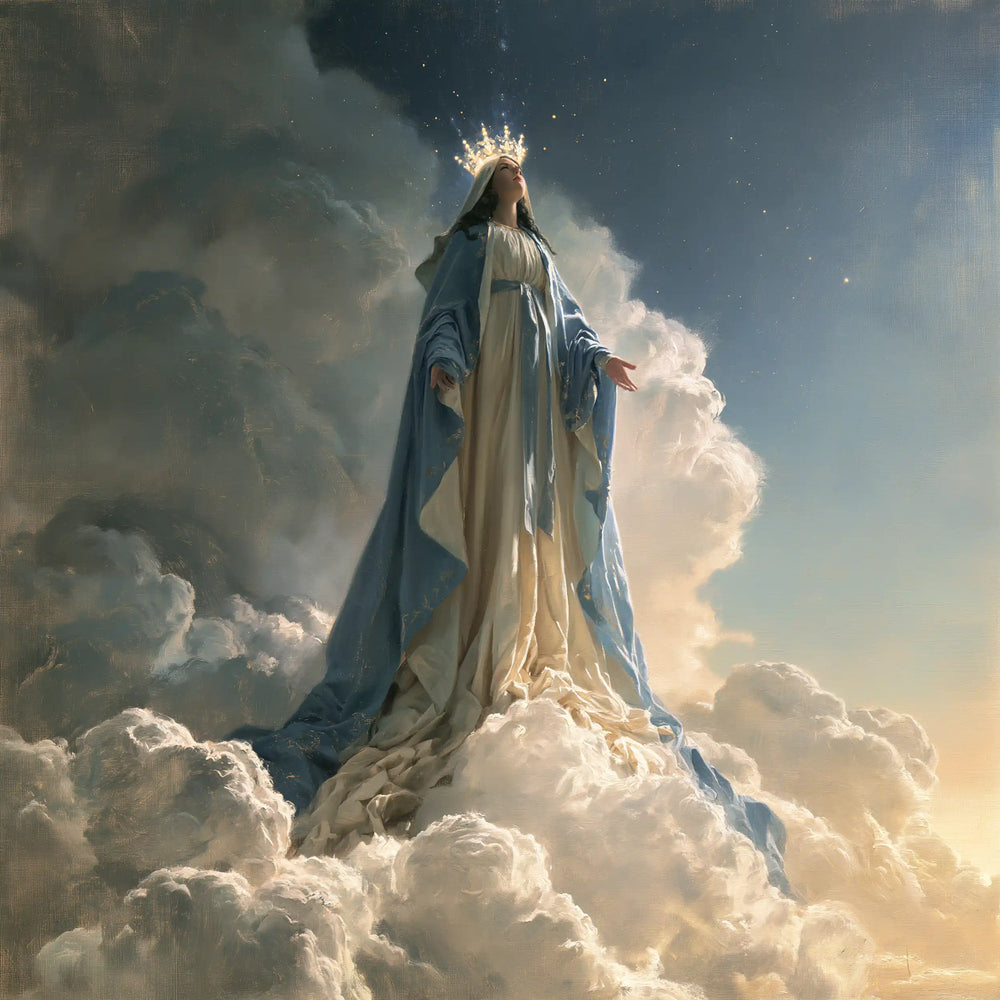 Mary as Queen of Heaven in sacred silence in The Silence of Heaven style, square Christian artwork no. 2