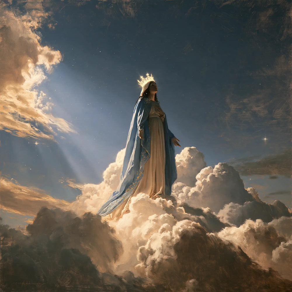 Mary as Queen of Heaven in sacred silence in The Silence of Heaven style, square Christian artwork no. 3