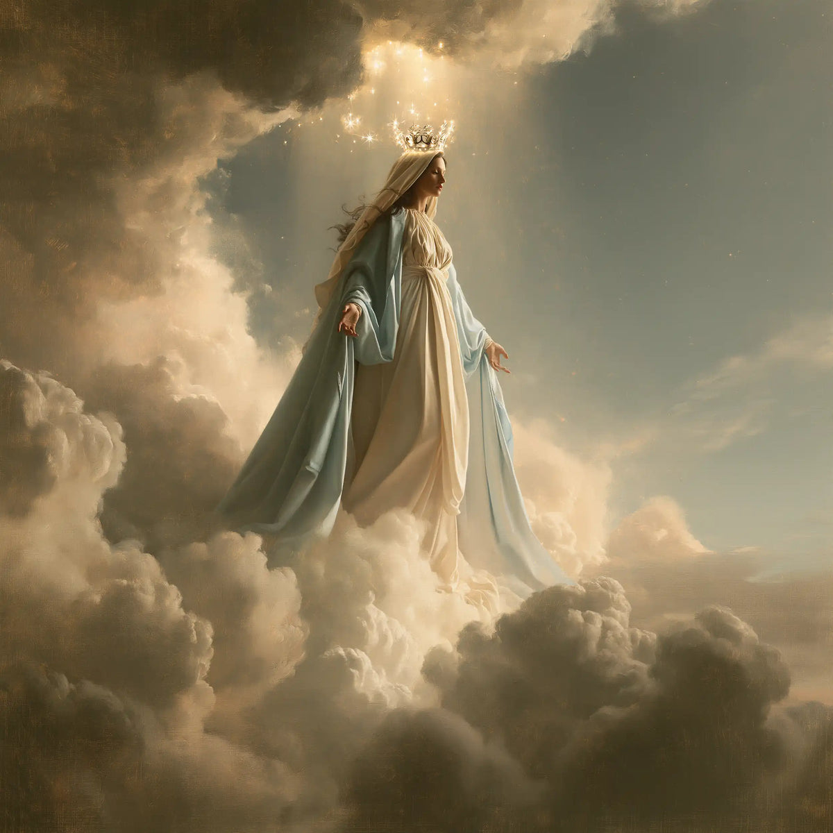 Mary as Queen of Heaven in sacred silence in The Silence of Heaven style, square Christian artwork no. 5