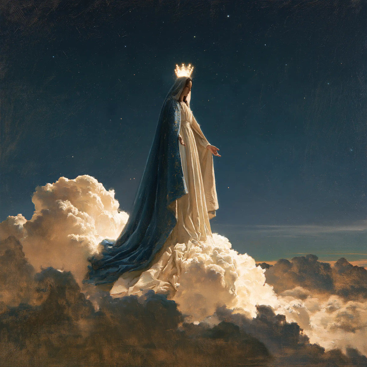 Mary as Queen of Heaven in sacred silence in The Silence of Heaven style, square Christian artwork no. 7