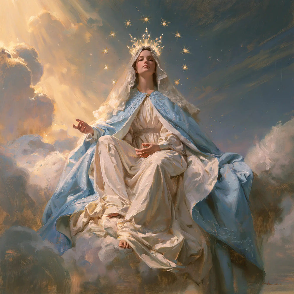 Mary as Queen of Heaven in sacred silence in The Silence of Heaven style, square Christian artwork no. 9