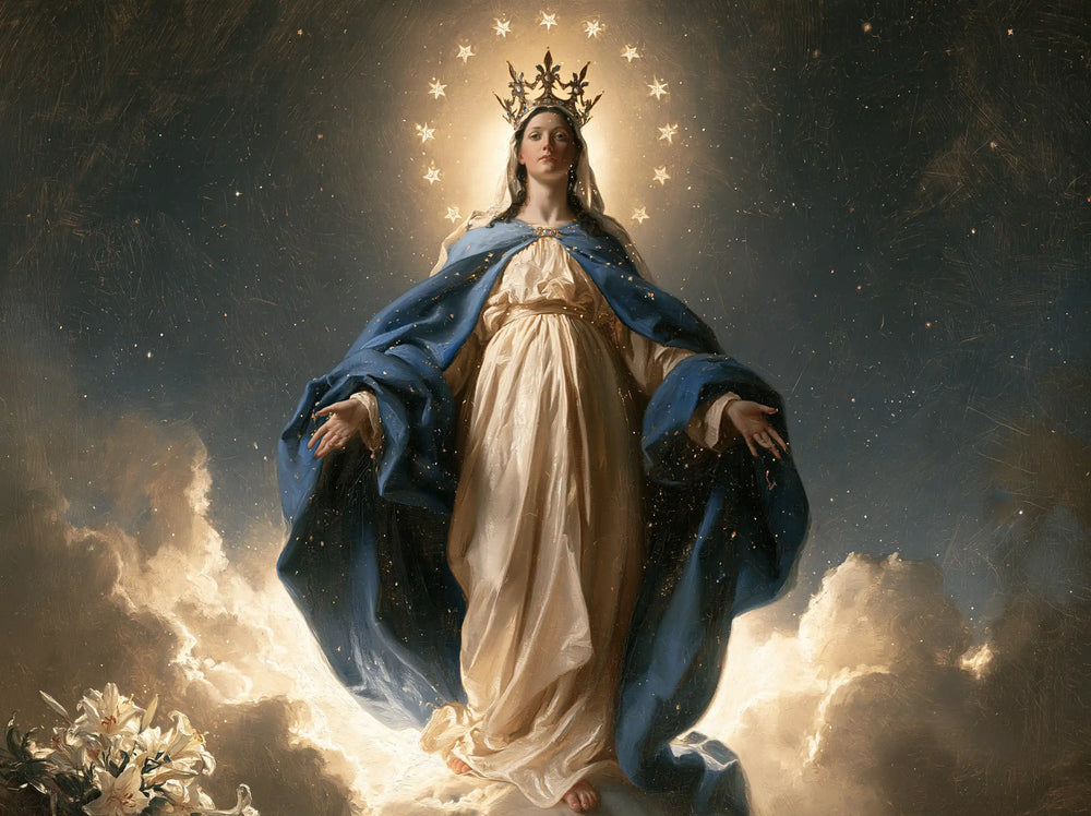 Mary as Queen of Heaven in a symbolist composition in Symbolist style, landscape Christian artwork no. 7