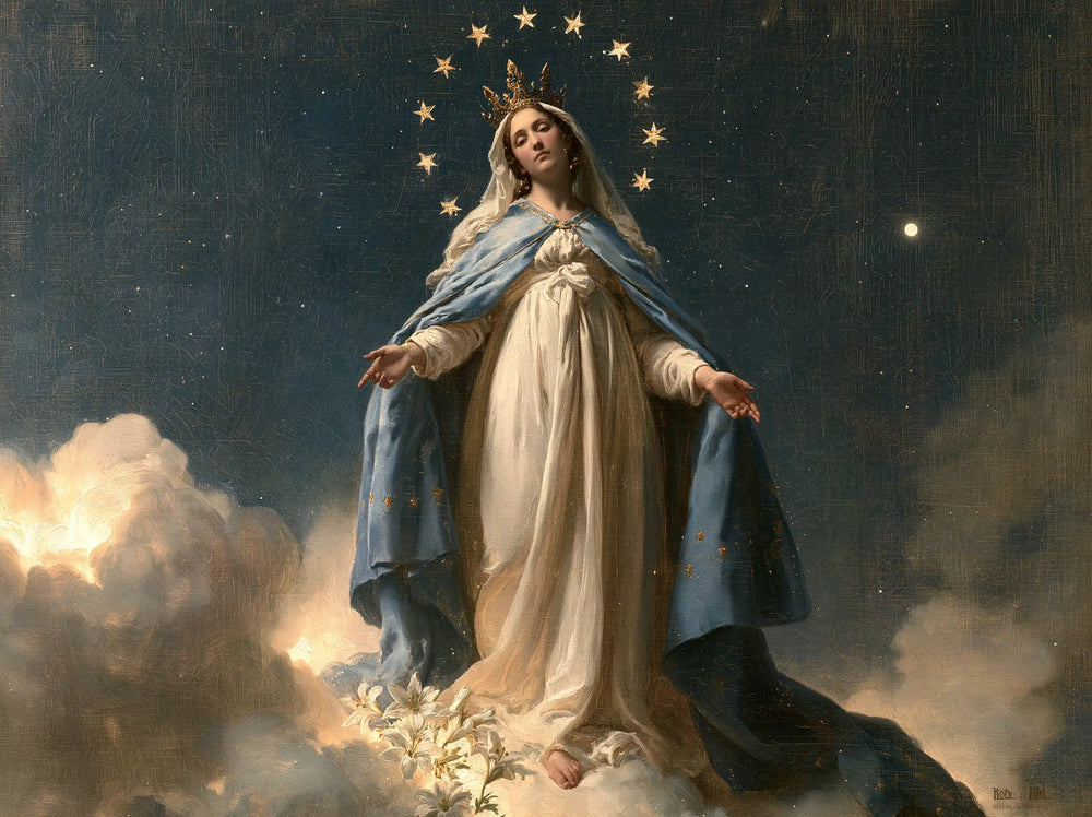 Mary as Queen of Heaven in a symbolist composition in Symbolist style, landscape Christian artwork no. 9