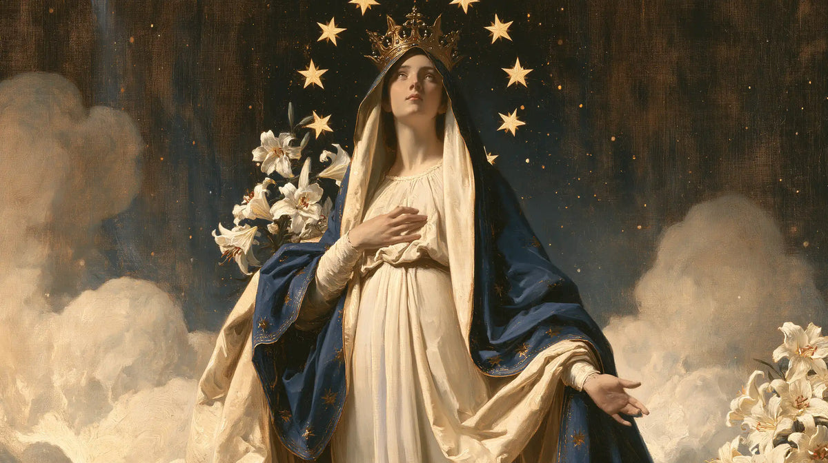 Mary as Queen of Heaven in a symbolist composition in Symbolist style, landscape Christian artwork no. 12