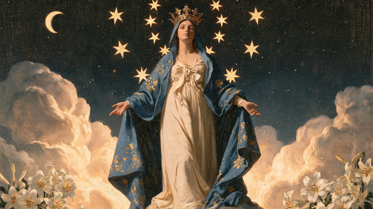 Mary as Queen of Heaven in a symbolist composition in Symbolist style, landscape Christian artwork no. 13