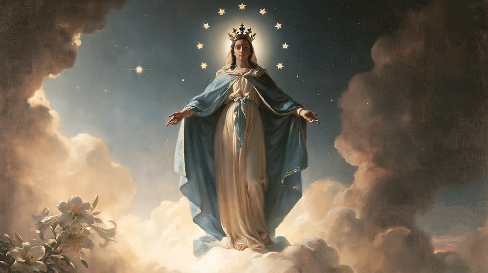 Mary as Queen of Heaven in a symbolist composition in Symbolist style, landscape Christian artwork no. 14