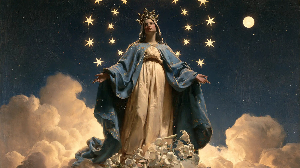 Mary as Queen of Heaven in a symbolist composition in Symbolist style, landscape Christian artwork no. 15