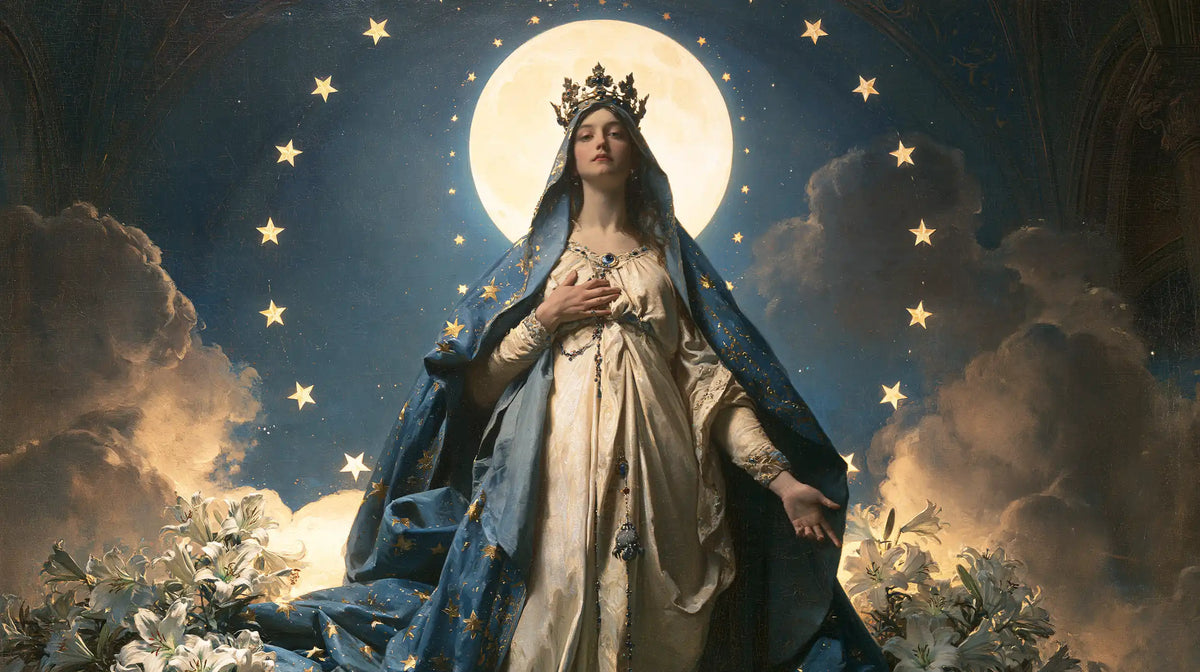 Mary as Queen of Heaven in a symbolist composition in Symbolist style, landscape Christian artwork no. 16