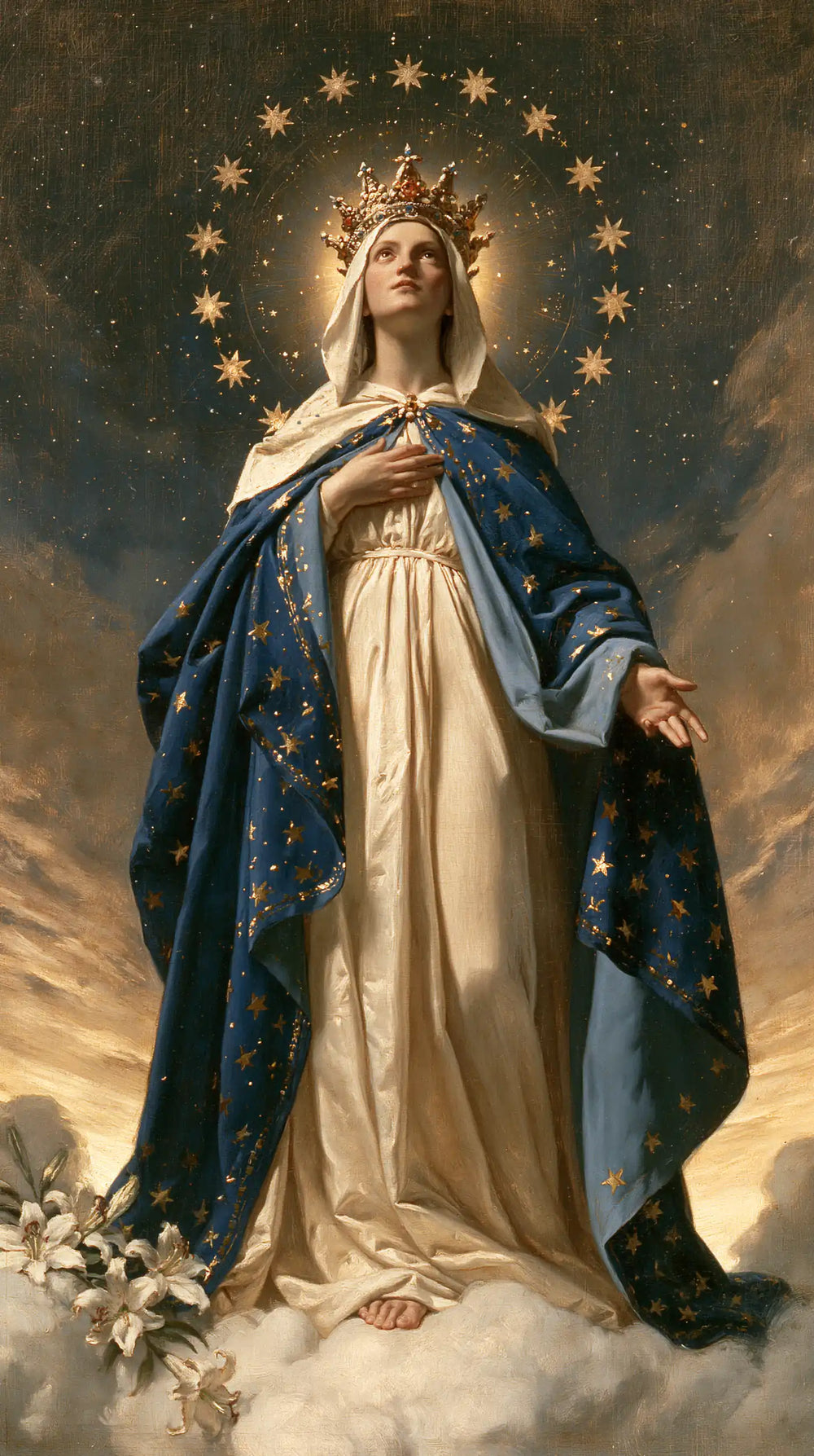 Mary as Queen of Heaven in a symbolist composition in Symbolist style, portrait Christian artwork no. 3