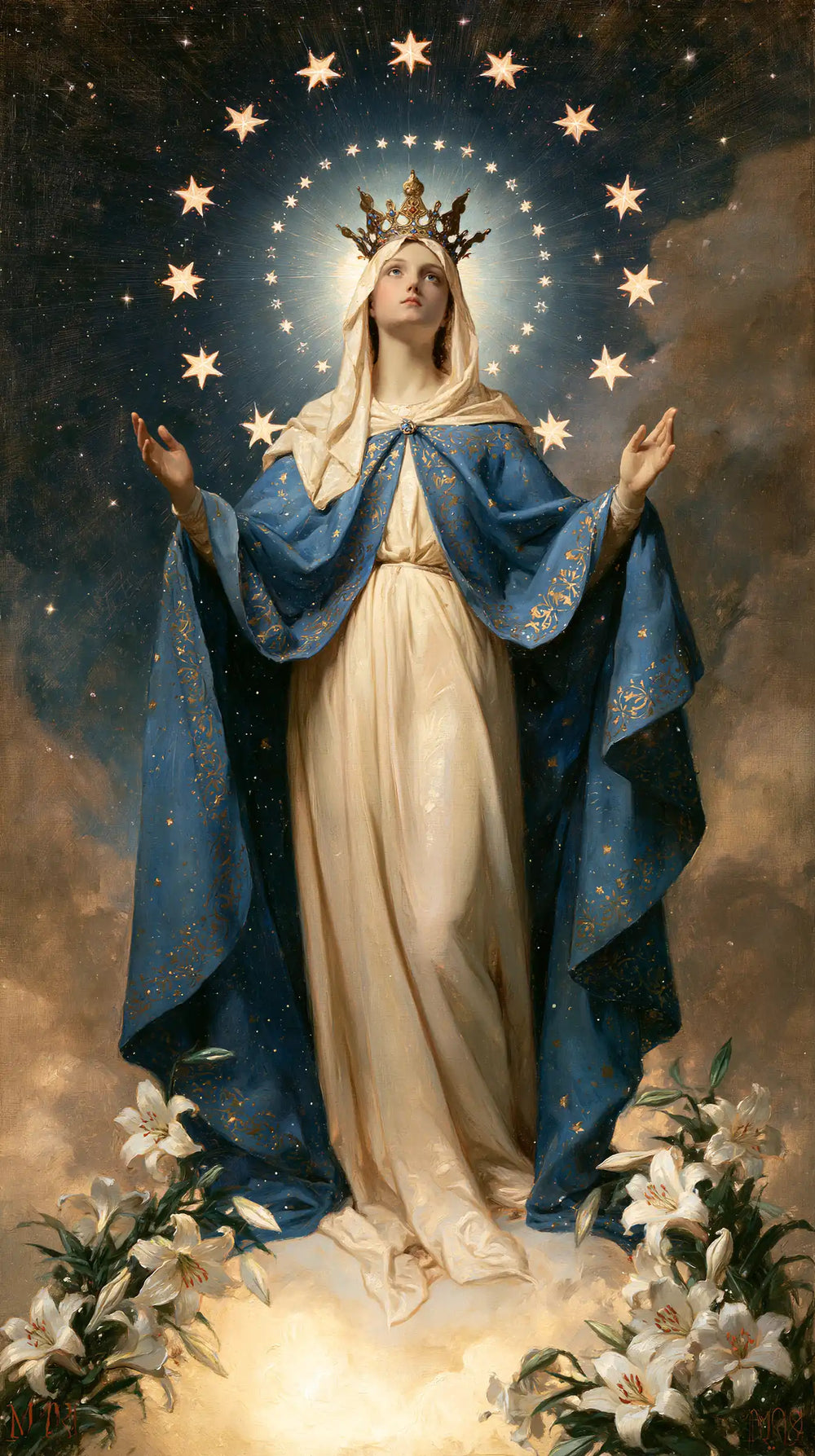 Mary as Queen of Heaven in a symbolist composition in Symbolist style, portrait Christian artwork no. 6