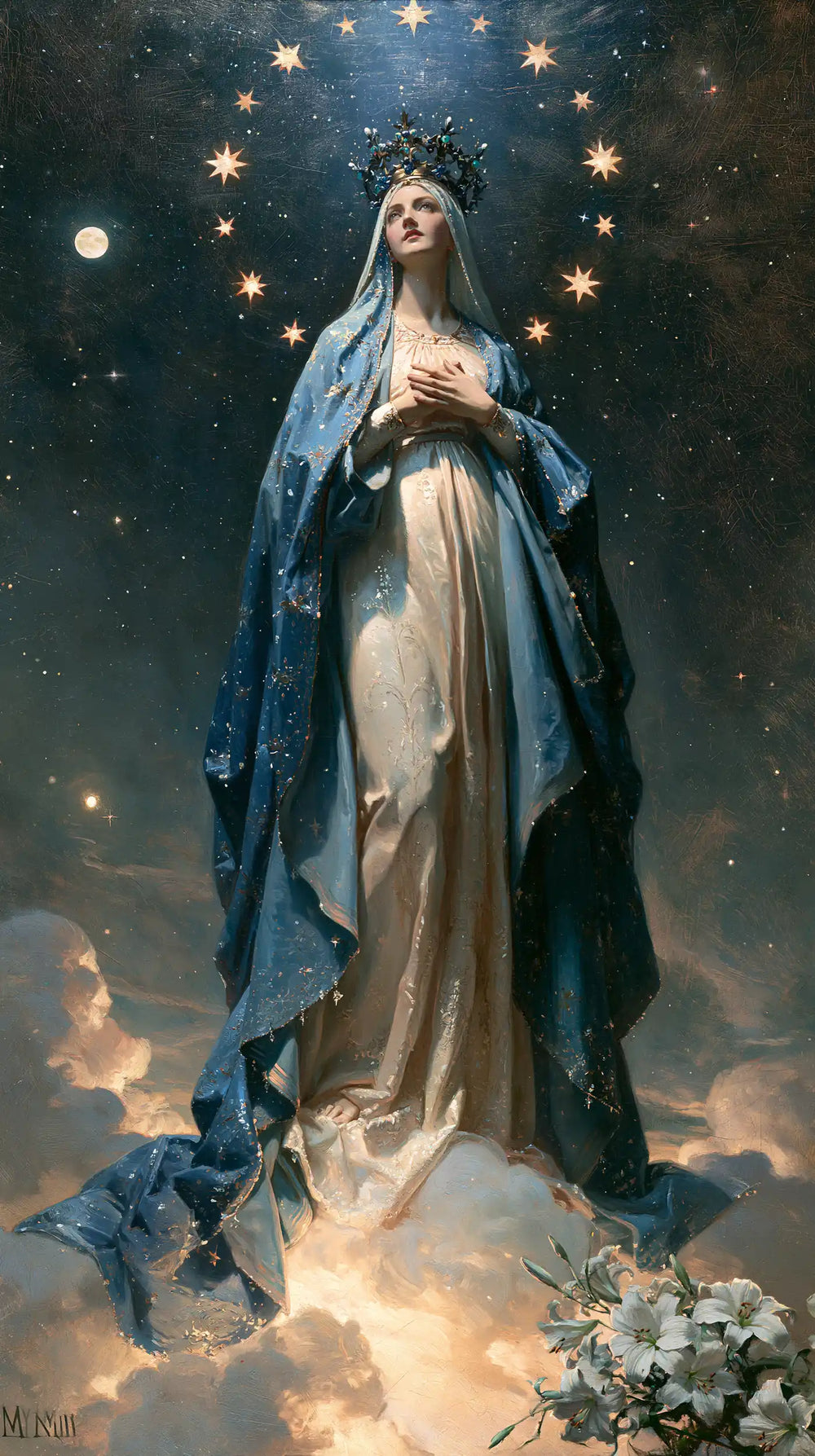 Mary as Queen of Heaven in a symbolist composition in Symbolist style, portrait Christian artwork no. 9
