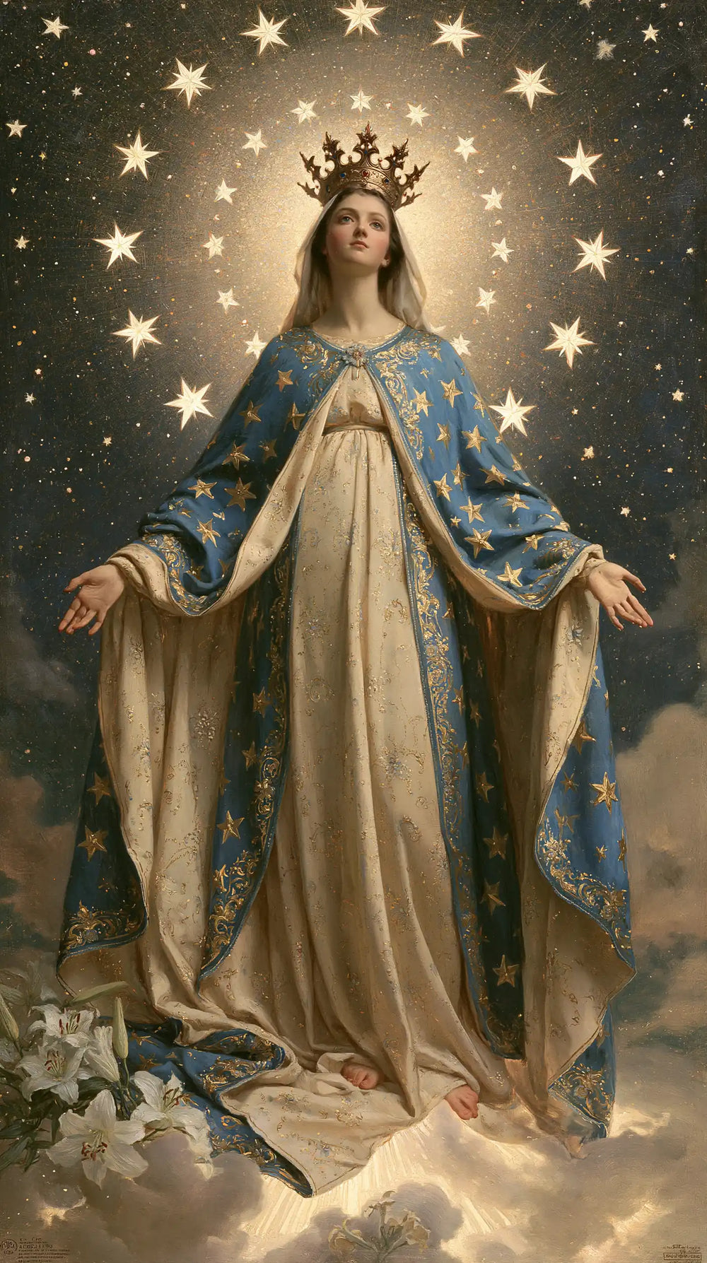 Mary as Queen of Heaven in a symbolist composition in Symbolist style, portrait Christian artwork no. 12