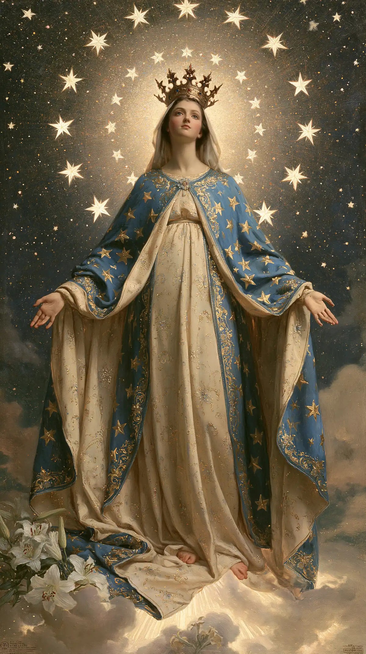 Mary as Queen of Heaven in a symbolist composition in Symbolist style, portrait Christian artwork no. 12