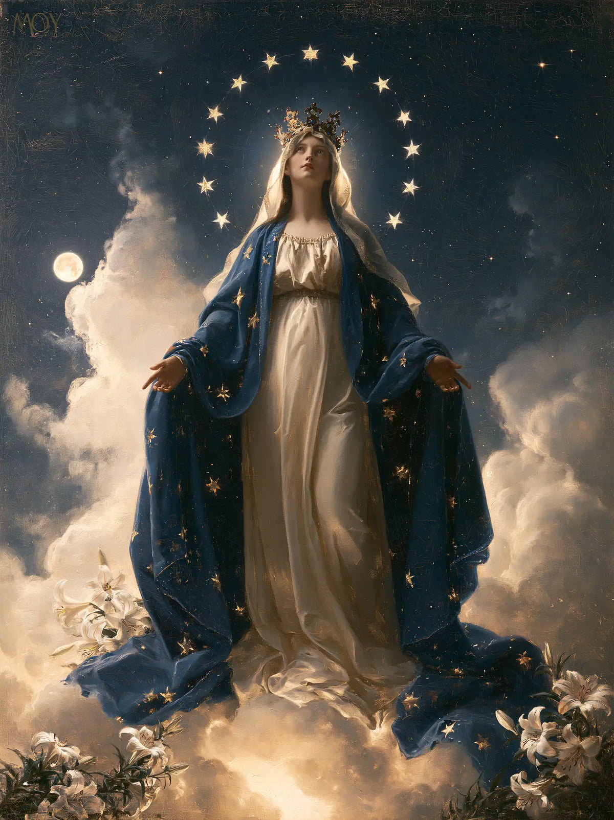 Mary as Queen of Heaven in a symbolist composition in Symbolist style, portrait Christian artwork no. 17