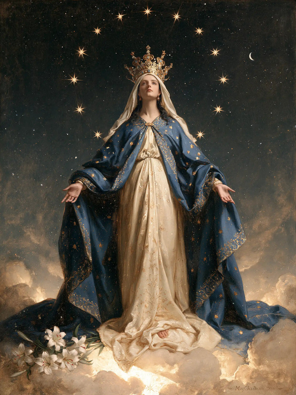 Mary as Queen of Heaven in a symbolist composition in Symbolist style, portrait Christian artwork no. 19