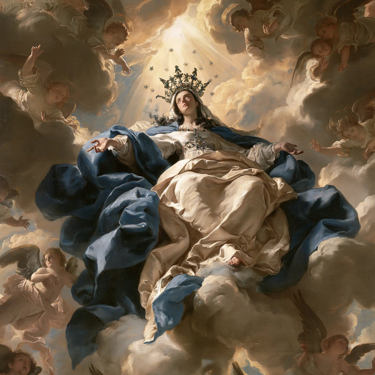 Mary enthroned as Queen of Heaven in a theatrical Baroque scene in Theatrical Baroque style, square Christian artwork no. 3