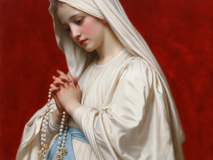 Our Lady of Lourdes – Rosary Portrait in Ruby Light