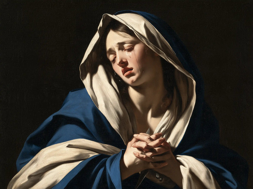 Our Lady of Sorrows in dramatic chiaroscuro in Caravaggio Tenebrism style, landscape Christian artwork no. 9