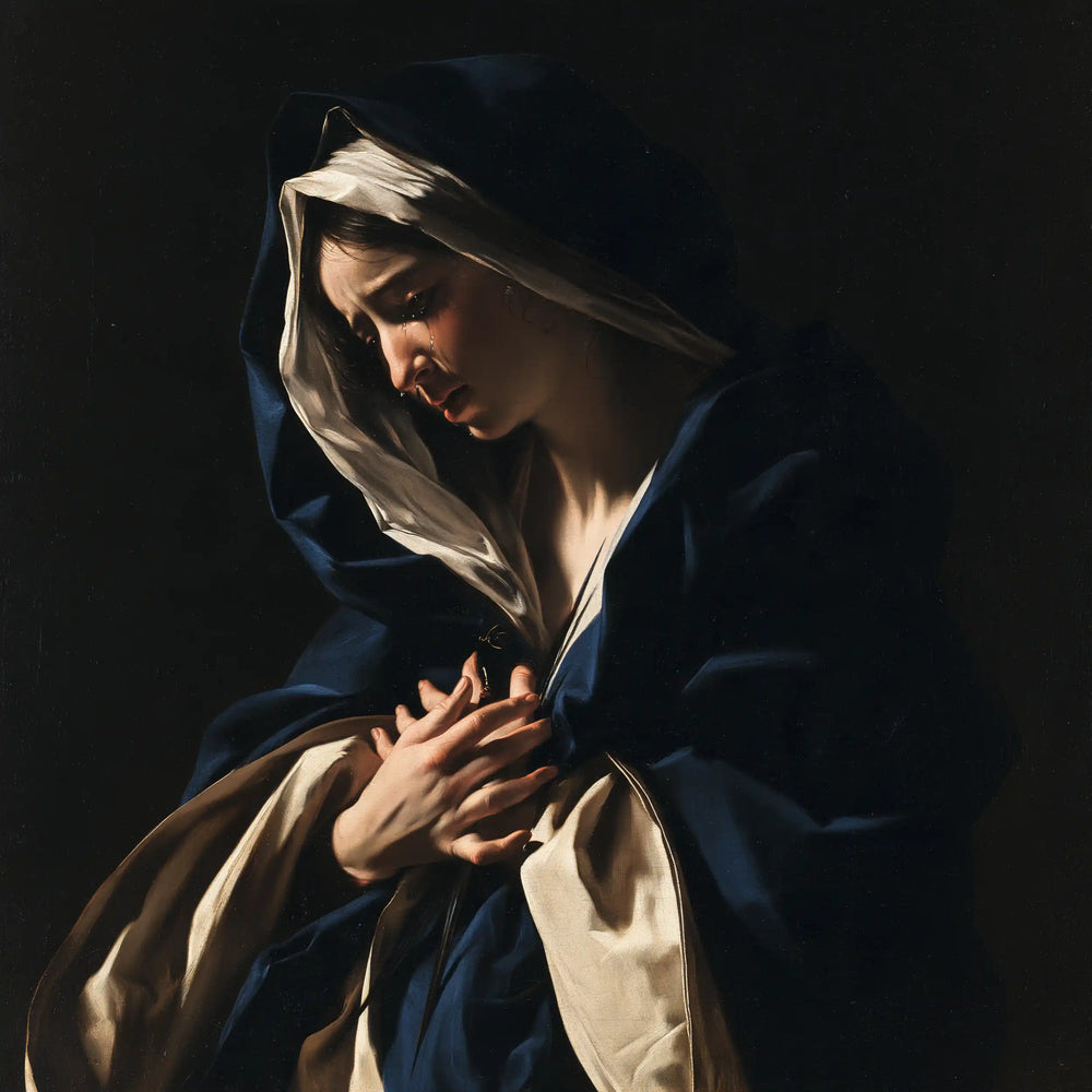 Our Lady of Sorrows in dramatic chiaroscuro in Caravaggio Tenebrism style, square Christian artwork no. 3