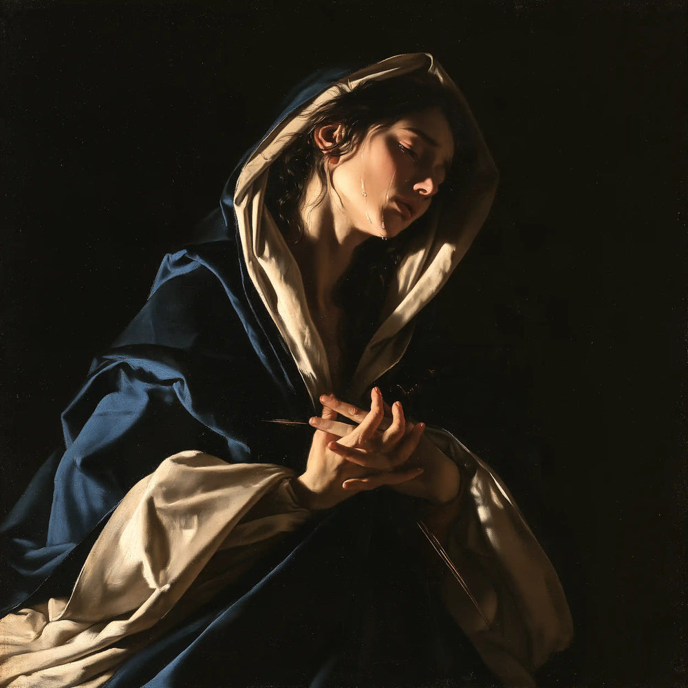 Our Lady of Sorrows in dramatic chiaroscuro in Caravaggio Tenebrism style, square Christian artwork no. 7