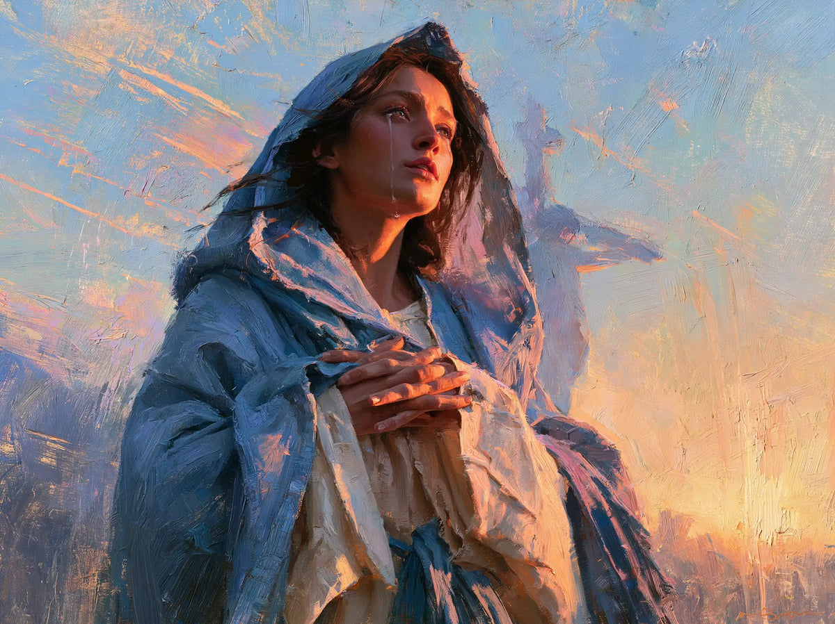Our Lady of Sorrows in an impressionist atmosphere in Impressionist style, landscape Christian artwork no. 5
