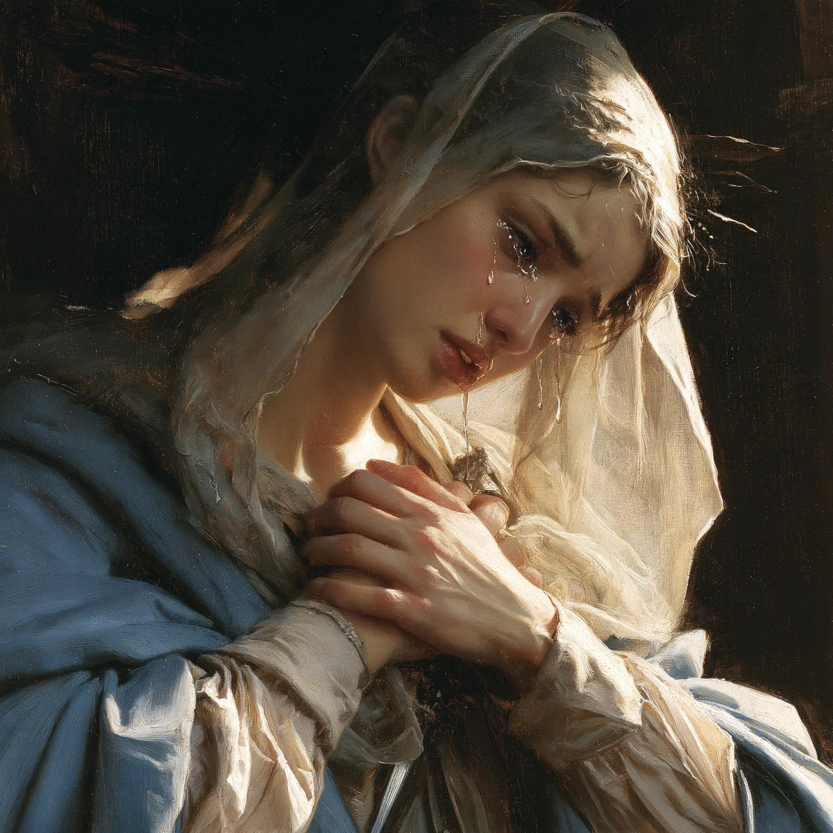 Our Lady of Sorrows clasping her heart in Mary Clasping Her Heart style, square Christian artwork no. 1